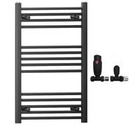 600mm Wide Straight Black Heated Bathroom Towel Rail Radiator With Valves For Central Heating UK (With Black Straight TRV Valves, 600 x 800mm (h))