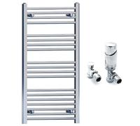 600mm Wide Straight Chrome Heated Bathroom Towel Rail Radiator With Valves For Central Heating UK (With Angled Thermostatic Valves, 600 x 1000mm (h))