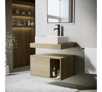 600mm Wood Effect Wall Hung Countertop Vanity Unit with Rectangular Basin and Shelf - Porto
