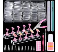 600PCS Clear Coffin Nail Tips Set Qinzave Clear Acrylic Nail Tips with Nail Glue Coffin Nails Full Cover with Nail Display Stand, Cuticle Nail Pusher Remover, Nail Files Buffer