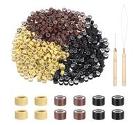 600Pcs Hair Extentions Beads 4mm Silicone Lined Micro Beads with Pulling Hook Needle, Bead Device Tool Kits for Hair Extensions (Brown-Black-Blonde)