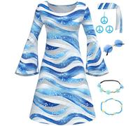 6070s Disco Outfit for Women Blue Wave Print Dress Psychedelic Hippie Costume Set for Halloween Party Cosplay(6070T-03-M)