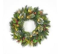 60cm/24 Inch Pre-Lit Christmas Wreath with 50 Warm White LED Lights | Artificial Christmas Door Wreath, Holiday Wreath Decorated with Pine Cones & Red Berries, Outdoor & Indoor Xmas Decorations