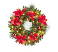 60cm/24 Inch Pre-Lit Christmas Wreath with 50 Warm White LED Lights | Artificial Christmas Door Wreath, Holiday Wreath Decorated with Pine Cones & Red Berries, Outdoor & Indoor Xmas Decorations