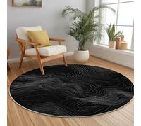 60cm Black Round Area Rug Non Slip Abstract Waves Design Soft Washable Faux Wool Carpet for Living Room Bedroom Kids' Room Dining Room Short Pile Cle Mat