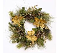 60cm Christmas Wreath Decorated with Gold Berries, Poinsettia, Eucalyptus Leaves, Pine Cones, Grapevine - Front Door Room Wall Home Hanging Xmas Decorations