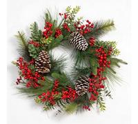 60cm Christmas Wreath Decorated with Red Berries, Eucalyptus Leaves, Pine Cones, Grapevine - Front Door Room Wall Home Hanging Xmas Decorations