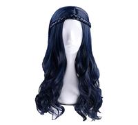 60cm Descendants 2 Evie Blue Long Wavy Wig Cosplay Costume Women Synthetic Hair Party Role Play Wigs + Wig Cap OneSize NavyBlue
