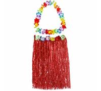 60CM Hula Skirt Costume Hawaiian Leis Dancer Dress Set with Flower, Hawaiian Lei, Fancy Dress Hula Necklace for Adults Fancy Dress Supplies Party Summer Beach Tropical Party - Red