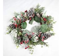 SHATCHI Natural Looking Artificial Snow Leaves, Flowers, Pinecones and Berries Garland Front Door Hanging Christmas Decorations Xmas Wedding Décor, Green Wreath, 60 CM
