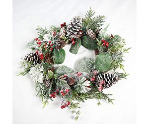 60cm Natural Looking Artificial Snow Leaves, Flowers, Pinecones and Berries Wreath Front Door Hanging Christmas Decorations Xmas Wedding Décor