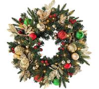 60Cm Pre Lit Artificial Christmas Wreath Battery Operated 35 Warm White Leds With Timer Faux Greenery And Ornaments