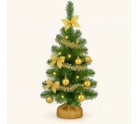 60cm Pre Lit Artificial Mini Christmas Tree with Lights and Decorations - 2Ft. Indoor Battery Operated LED Decorated Green Xmas Tree- Hessian Style Base (60cm) (Green and Gold)