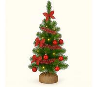 60cm Pre Lit Artificial Mini Christmas Tree with Lights and Decorations - 2Ft. Indoor Battery Operated LED Decorated Green Xmas Tree- Hessian Style Base (60cm) (Green and Red)