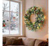 60cm Pre-Lit Christmas Wreath for Front Door with 50 Warm White LED Lights | Artificial Christmas Door Wreath, Frosted Pinecones & Berries | Outdoor & Indoor Xmas Decorations