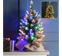60cm Pre Lit Colour Changing Light-up Artificial Green Mini Christmas Tree with LED, Pinecones and Berries, Switch from Multi-Colour to Warm White LED's Battery Operated - 2ft (60cm)