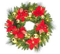 60cm Pre-Lit Decorated Wreath, Christmas Wreath for Front Door, Christmas Door Wreaths with Lights & Boubles & Artificial Poinsettia Flowers, Xmas Garland for Christmas Decorations