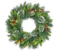 60cm Pre-Lit Decorated Wreath, Christmas Wreath for Front Door, Christmas Door Wreaths with Lights & Red Berries & Pine Cone, Artificial Xmas Garland for Christmas Decorations