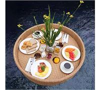 60cm Round Rattan Floating Tray with Handles - Pool Serving Tray for Drinks & Snacks, Woven Floating Bar Tray for Swimming Pool, Elegant Apricot Color