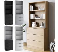 (60cm, White Drawers & White Bookcase) 60/80cm 3 Drawer Tier Wooden Storage Chest Cabinet & Display Bookcase Shelving