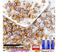 60g Champagne Gold Flatback Rhinestones Half Pearls for Crafting, Mixed Size 3mm-10mm Resin Rhinestones for Bedazzling, Small Pearls for DIY Tumblers Mugs Nail Art Shoes Clothes with Glue