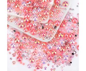 60g Pale Pink Flat Back Pearls Rhinestones for Crafts Mixed Size 3mm-10mm AB Color Round Half Pearls Flatback Pearl Beads and Resin Rhinestones Set for Face Art with Gle