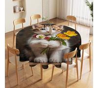 60in Round Tablecloth Stain & Heat Resistant Polyester | Wrinkle Free Washable Kitten Hugging A Flower Table Cover for 5 to 6 Foot Tables Dining Kitchen Party Picnic Buffet Wedding Farmhouse Decor