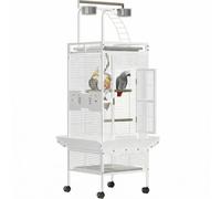 60in Wrought Iron Large Bird Cage with Rolling Stand, Play Top & 4 Stainless Steel Feeding Bowls, Heavy Duty Metal Parrot Cage for Sun Parakeet, Green Ch onure, Lovebird, Budgie, White