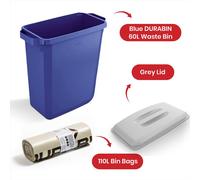 60L Blue Bin with Grey Lid and 25 x 110L Bin Bags Trash Set Durable Blue One Size
