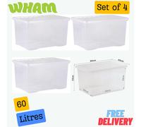 60L Crystal Clear Large Plastic Storage Boxes with Lids Ideal for Home Office