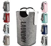 60L Extra Large Round Grey Collapsible Laundry Basket with Aluminum Soft Grip Handles Freestanding Tall Clothes Hamper Foldable Waterproof 600D Oxford Laundry Bag for Bedroom Bathroom Home Storage