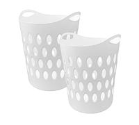 60L Large Flexible Lightweight Plastic Laundry Hamper Basket with Aerate Hole Design and Side Handles - White Set of 2 Baskets - 57cm (H) x 45cm (W) x 41cm (D)