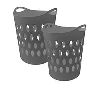60L Large Flexible Lightweight Plastic Laundry Hamper Basket with Aerate Hole Design and Side Handles - Grey Set of 2 Baskets - 57cm (H) x 45cm (W) x 41cm (D)