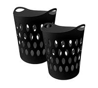 60L Large Flexible Lightweight Plastic Laundry Hamper Basket with Aerate Hole Design and Side Handles - Black Set of 2 Baskets - 57cm (H) x 45cm (W) x 41cm (D)