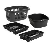 60L Large Hipster Laundry Basket, 39 Cm Multi-Purpose Bowl, Large Dish Drainer & Casa Medium Dish Drainer | Premium Plastic Kitchen & Laundry Utility Set | Midnight Black