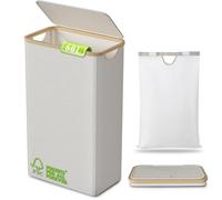 60L Slim Collapsible Laundry Baskets with Lid, Tall Narrow Foldable Washing Basket for Laundry, Folding Small Slimline Laundry Hamper for Dirty Clothes, Bamboo Cloth Wash Storage Basket (Beige)