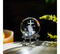 60mm 3D Laser Engraved Hand Holding A Cross Crystal Ball Figurine with Stand Christian Collectible Decoration for Home Office Praying Religious Gifts for Women