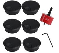 60mm Hole Saw Drill Bit & 6 Pcs Round Desk Cable Hole Cover, Black 60mm Desk Hole Covers, Plastic Desk Grommets, HSS Metal Hole Cutter, Plastic Desk Cord Computer Wire Cable Hole Cover Grommets