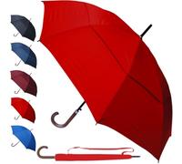 60MPH Windproof Umbrella Large Strong Umbrella - StormDefender City - Best for Vented Double Canopy - Auto Open - Solid Wood Hook Handle - Rainproof Designer Big Golf - Wedding Red