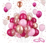 60P Metallic Rose Gold and Pink Balloon Set - 12inch Hot Pink and Macaron Pink With Confetti for Wedding, Birthday, Baby Shower Party Décor - Ribbons Included