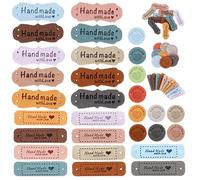 60Pack Handmade Tags for Crochet, Handmade Leather Labels Faux Handmades with Love Leather Tags for Handmades Items Embellishment Knit Accessories with Hole for DIY Craft Sewing Knitting Hat, 10 Color
