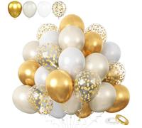 60Pack White Gold Balloons Set, 12Inch Thick Latex Pearl Sand White Metallic Golden Balloons with Confetti for Wedding Anniversary, Baby Shower, Birthday Party Decorations