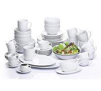 60pc Waterside White Porcelain Coupe Dinnerware Set; 6 Dinner Plates, Side Plates, Soup Bowls, Deep Bowls, Mugs, 220cc Cup & Saucers, 90cc Cup & Saucers, Gravy Boat & Stand & 2 Salad Bowls