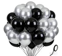 60Pcs 12 Inch Black Silver Latex Balloons Set - Black & Metallic Silver Balloons with Ribbon for Formal Party, Graduation, Corporate Event, New Year Decorations.