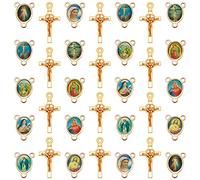 60Pcs/30Sets Rosary Making Kits Supplies Alloy Religion Cross and Center Medal Charms Pendant Oval Chandelier Links for Diy Prayer Necklace Jewelry, Enamel Zinc, No Gemstone