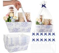 60Pcs Blue Floral Paper Gift Basket Set, Flower Baskets for Gifts Empty with Plastic Bag Ribbon Bow Blue Cardboard Basket Kit with Handle for The Garden Party Baby Shower Birthday Wedding Anniversary