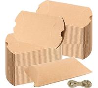 60Pcs Brown Pillow Boxes for Gifts Kraft Paper Small Gift Boxes With 60Hemp Ropes Kraft Pillow Candy Boxes with Stickers for Wedding Party Birthday Decoration