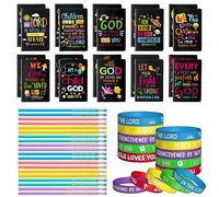 60Pcs Christian Bible Gifts for Kids Bulk Religious Notepads Pencils Silicone Bracelet Bible Verse Mini Notebook Wristband Pencil Kit Daily Prayer Faith Journal Set for School Office Home Supplies