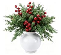 60PCS Christmas Artificial Pine Branches with Red Berry Stems, Christmas Faux Evergreen Norfolk Pine Cypress Leaves Stems Artificial Norfolk Pines Branches Fake Foliage Needles Picks for Xmas Wreath