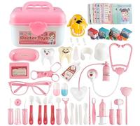 60pcs Doctors Set for Kids, Dentist Medical Toy Kit with Real Stethoscope, Pretend Play Doctor Role Play with Medicine Chest and Dental Accessories, Gifts for Boys Girls Kids Ages 3+ (Pink)